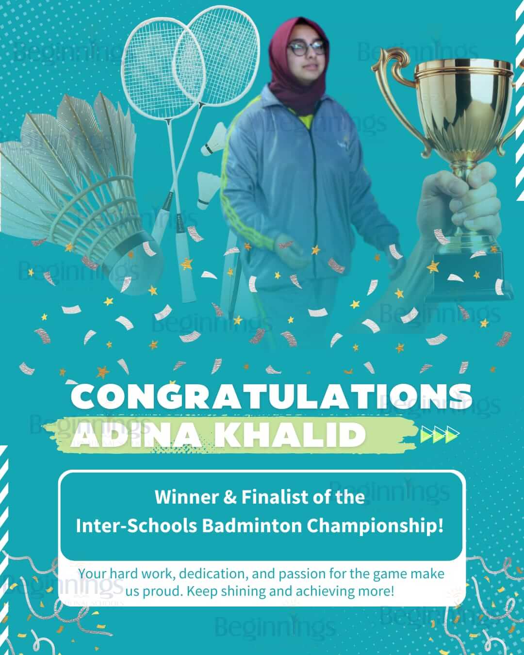 Winner and finalist of Inter-Schools Badminton Championship, Adina Khalid showcased remarkable skill and determination, securing her place among them.